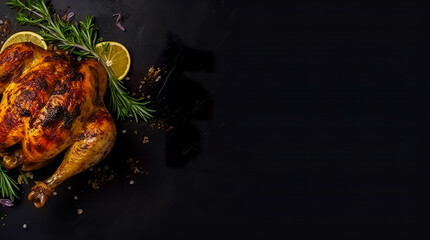 Roasted whole chicken with rosemary and spices on a black background. Generative AI