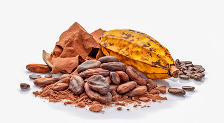 Cocoa powder with cocoa beans and pods isolated on white background. Generative AI