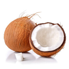 Fresh raw coconut with palm leaves isolated on white background. High resolution image. Generative AI