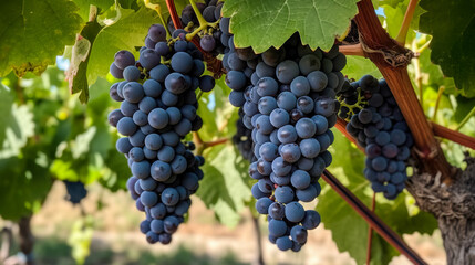 Closeup of blue grape in vineyard with sunlight. Winery and grapevine growing background frame. Generative AI