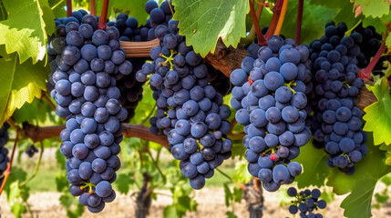 Naklejka premium Closeup of blue grape in vineyard with sunlight. Winery and grapevine growing background frame. Generative AI