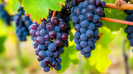 Naklejka premium Closeup of blue grape in vineyard with sunlight. Winery and grapevine growing background frame. Generative AI