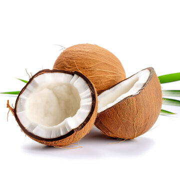 Fresh raw coconut with palm leaves isolated on white background. High resolution image. Generative AI