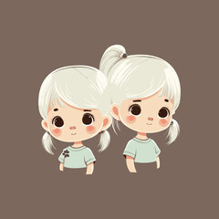 2-year-old girls, cute cartoon style, white hair, happy, simple vector style