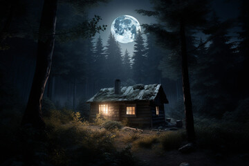 Cabin in the woods at night time generative AI