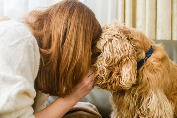 Close-up of the face of the girl and the muzzle of the spaniel in front of each other.