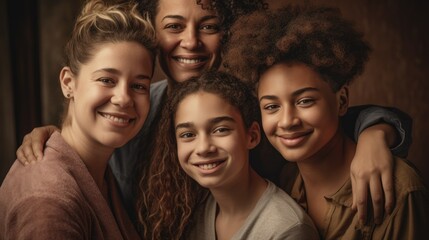 Fototapeta premium An image of a loving LGBT family, with two lesbian parents and their children, smiling and embracing each other, against a warm and welcoming background. Generative AI