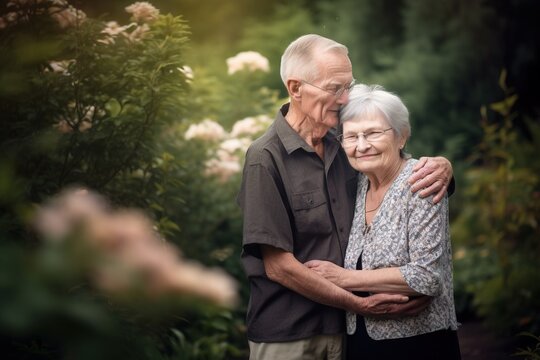 a mature man and woman embracing one another in flower garden