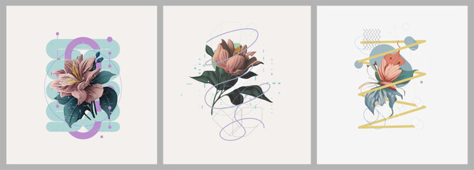 Abstract minimalist Art. Mixed style, geometric shapes and plants. Flowers, leaves. Set of vector paintings. Bauhaus. Backgrounds for poster, banner, print.