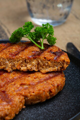 Tasty vegan burgers made from vegetarian plant based soya beans imitation meat