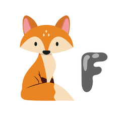 Concept Alphabet F fox. This illustration features a flat, vector, cartoon-style design of the letter F with a cute fox character incorporated into the design. Vector illustration.