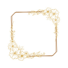 Obraz premium Elegant gold square floral border with hand drawn leaves and flowers for wedding invitation, thank you card, logo, greeting card