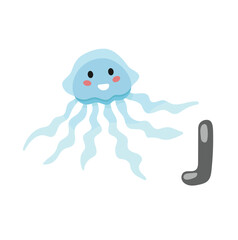 Concept Alphabet J jellyfish. This is a flat, vector cartoon illustration of the letter J in the alphabet. The letter J is designed with a colorful jellyfish. Vector illustration.