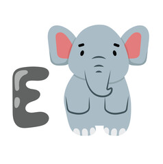 Concept Alphabet E elephant. This is a flat, vector cartoon illustration of the letter E featuring an adorable elephant. Vector illustration.