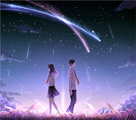 The boy and girl were awestruck by the beauty of the universe above them. They could see stars twinkling in the darkness, and make out the faint outline of the Milky Way across the sky .