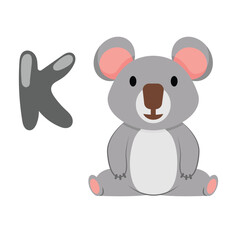 Obraz na płótnie Canvas Concept Alphabet K koala. The illustration is a flat, vector cartoon of the letter K featuring a cute koala in a colorful and playful design. Vector illustration.