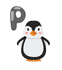 Concept Alphabet P penguin. This illustration features a flat and colorful cartoon design of a cute penguin with the letter 
