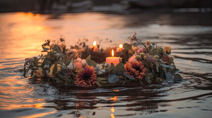 burning candles in the water and flower crown. Generative AI image. - obrazy, fototapety, plakaty