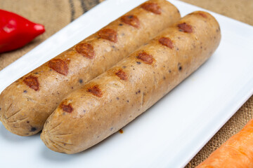 Tasty vegan sausages made from vegetarian plant based soya beans imitation meat