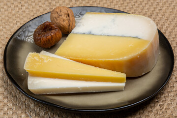Colorful Double Dutch cheese, hard cheese made from cow milk and goat milk with layer of black mold inside