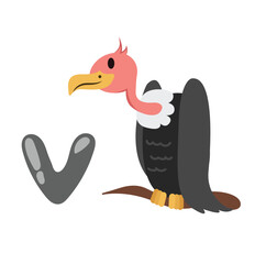 Concept Alphabet V vulture bird. This illustration is a flat vector cartoon design featuring the letter V of the alphabet and a vulture bird. Vector illustration.
