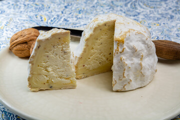 Cheese collection, soft cow French cheese with mold Gaperon artisanal lavored with cracked peppercorns and garlic produced in Auvergne