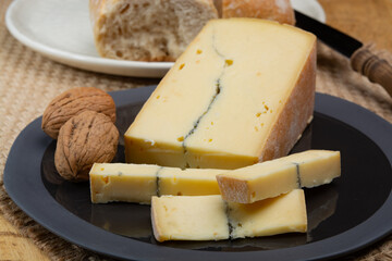 Cheese collection, French Morbier semi-soft cow milk cheese with black mold layer