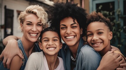 Fototapeta premium An image of a loving LGBT family, with two lesbian parents and their children, smiling and embracing each other, against a warm and welcoming background. Generative AI