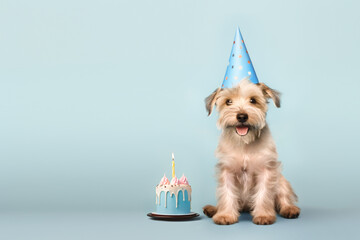 Cute scruffy dog celebrating with a birthday cake