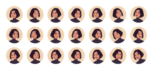 Business woman, attractive brunette lady avatar, office manager portrait set employee bundle. Different emotions face icons, character pic. Vector flat style cartoon circle isolated, white background