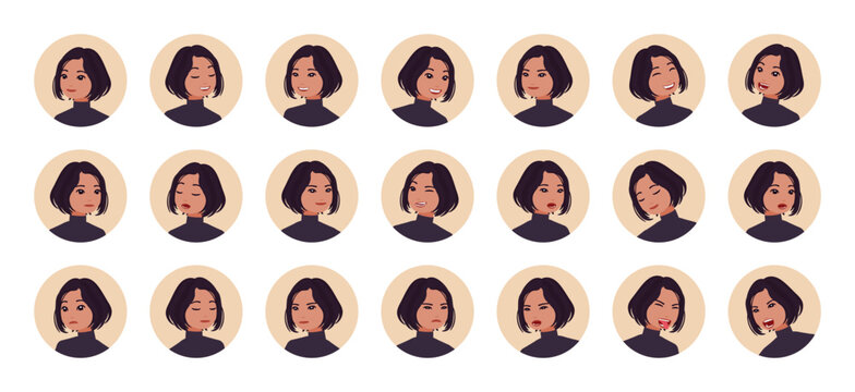 Business woman, attractive brunette lady avatar, office manager portrait set employee bundle. Different emotions face icons, character pic. Vector flat style cartoon circle isolated, white background