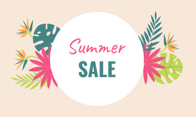 Creative, bright, colorful background with tropical leaves. Summer sale, poster template, greeting card, banner.