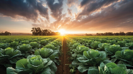 Fototapeta premium Young cabbage grows in the farmer field. Generative AI
