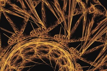 Orange pattern of crooked waves on a black background. Abstract fractal 3D rendering