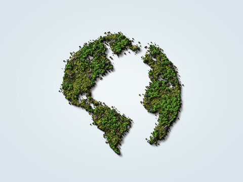 Green World Map- 3D tree or forest shape of world map isolated on white background. World Map Green Planet Earth Day or Environment day Concept. World Forestry Day.