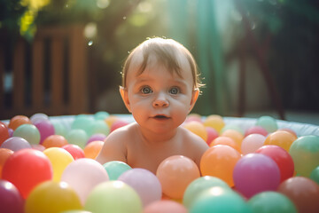 Funny little baby in a dry swimming-pool with colorful plastic balls. Generative AI