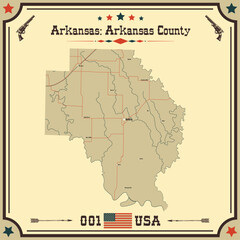 Large and accurate map of Arkansas County, Arkansas, USA with vintage colors.