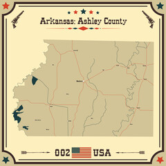 Large and accurate map of Ashley County, Arkansas, USA with vintage colors.