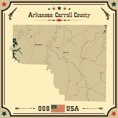 Large and accurate map of Carroll County, Arkansas, USA with vintage colors.