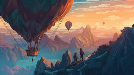 A vibrant hot air balloon floating peacefully amidst a stunning scenic view. Generative AI