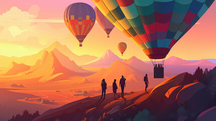 The colorful hot air balloon blends perfectly with the scenic landscape, creating a picturesque sight. Generative AI