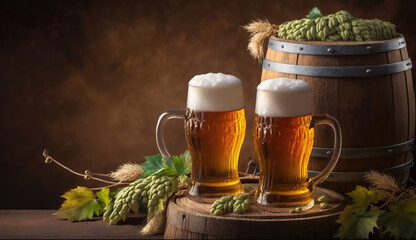 Two mugs of lager beer with hops on wooden background. Based on Generative AI