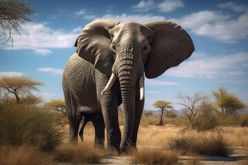 Naklejka na ściany i meble Majestic African elephant trumpeting, lush savannah landscape, acacia trees, tall grasses, warm breeze. generative ai