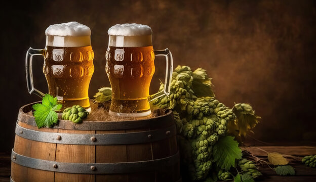 Two mugs of lager beer with hops on wooden background. Based on Generative AI