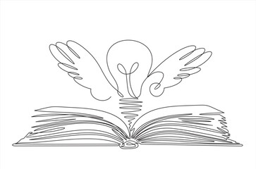 One single line drawing of shining light bulb with wings above open text book logo identity. continuous line draw design graphic vector illustration