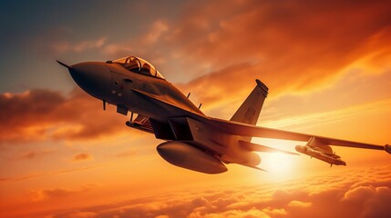 Airplane fighter in the sunset sky. Generative AI