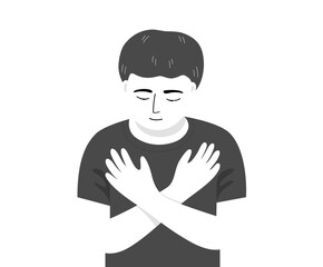 Isolated of a child boy doing butterfly Hug or hug of self love, mental health concept. flat vector illustration.