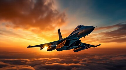 Fototapeta na wymiar Airplane fighter in the sunset sky. Generative AI