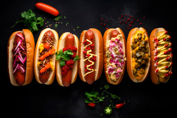 Hot dogs with different spicy toppings, dark background, Generative AI