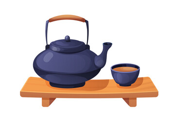 Traditional Japanese kettle or teapot with cups on wooden table, tea ceremony in cartoon style isolated on white background